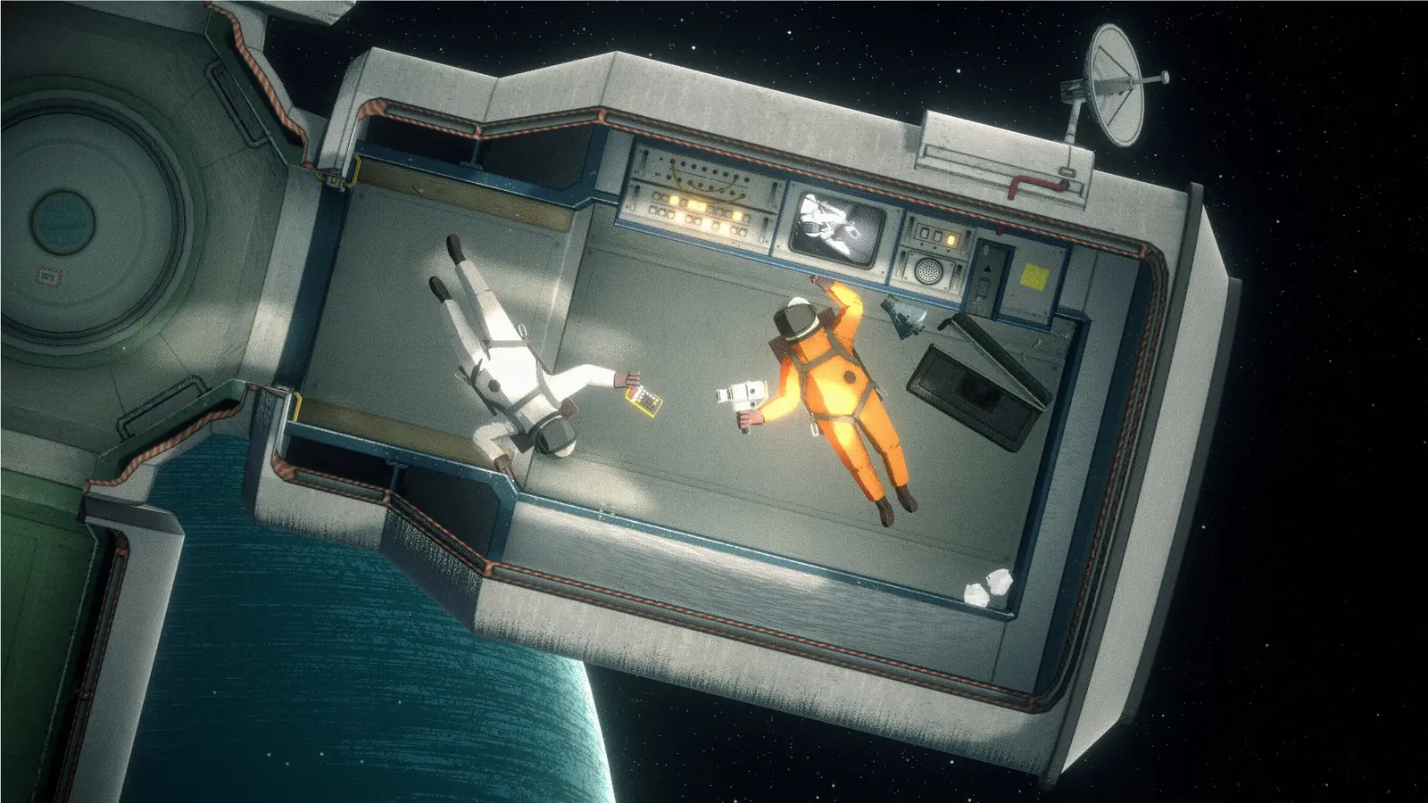 Two astronauts floating inside a space station in Heavenly Bodies