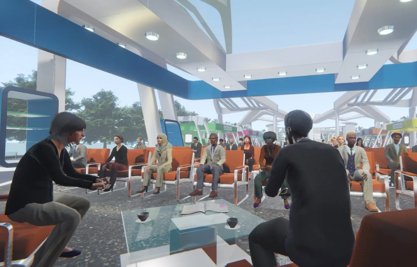 A virtual breakroom scene in Sinespace